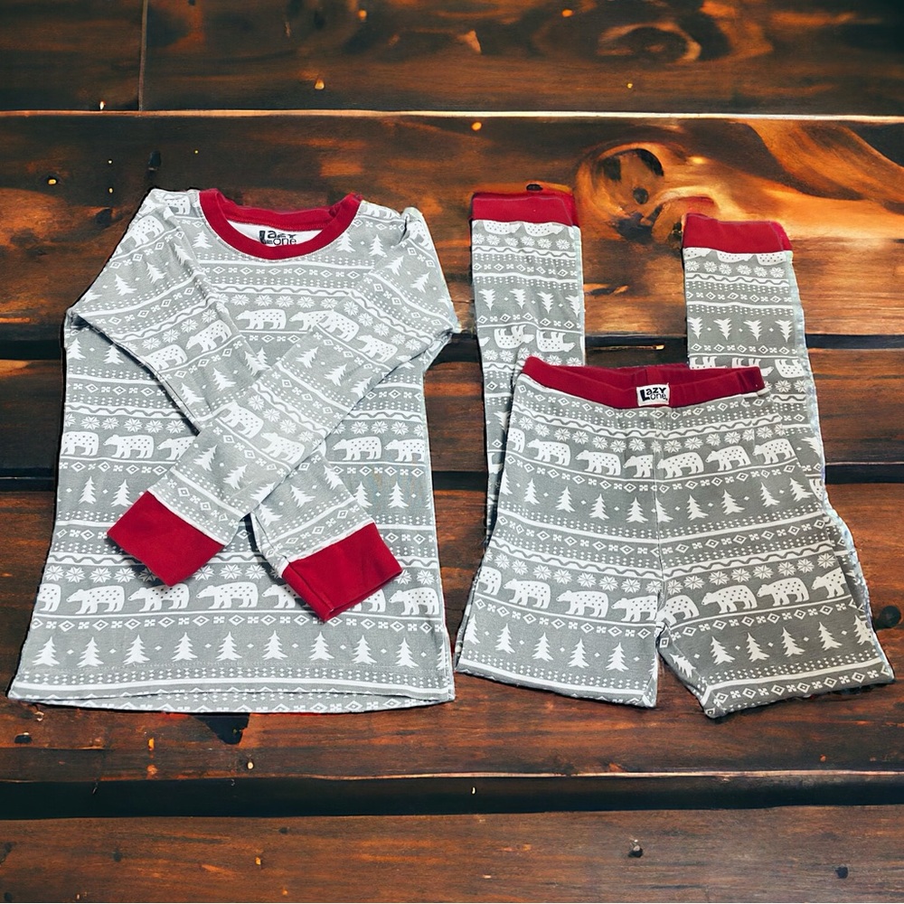Lazy One Nordic Bear Unisex Kids Long Sleeve Pajama Set | Size 10 | 100% Cotton